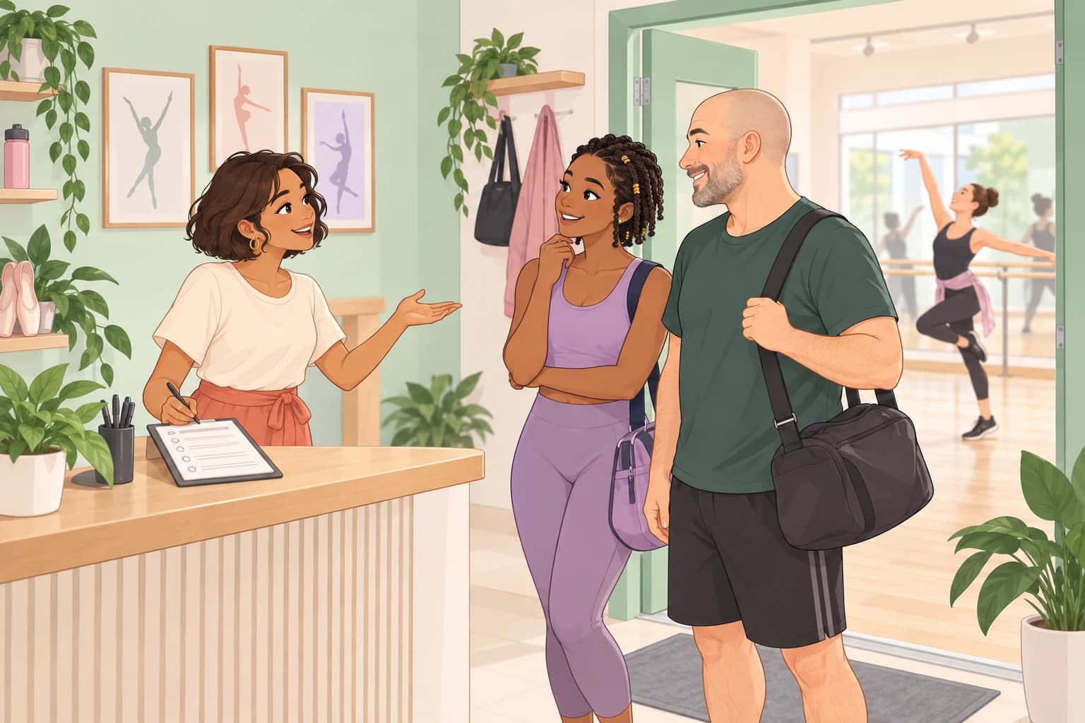 Recepcionista acolhe dois adultos interessados em conhecer as aulas de um estúdio de dança.