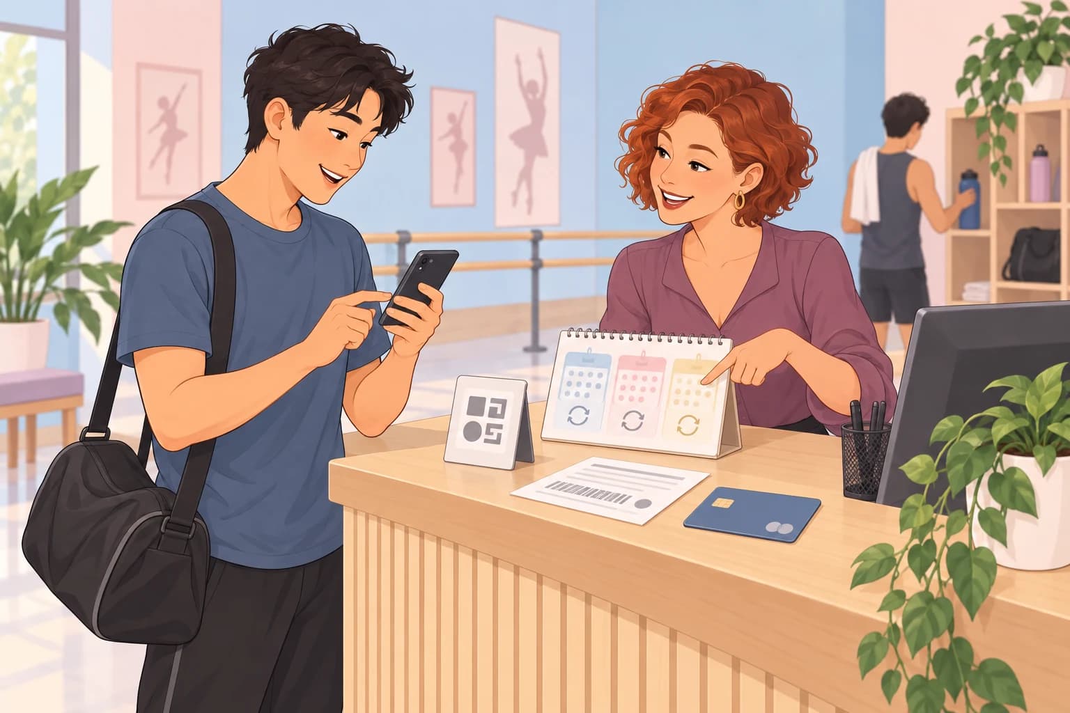 Aluno adulto e recepcionista conferem formas de pagamento da mensalidade na escola de dança.